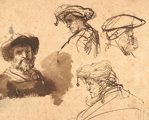 Rembrandt Harmenszoon van Rijn’s “Four Studies of Male Heads,” c. 1636 is one of the 330 works recently donated to the museums from the Maida and George Abrams collection.