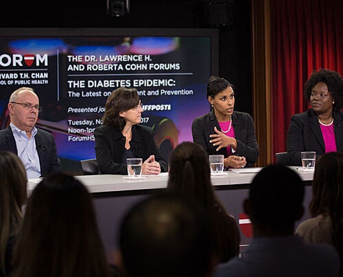 A panel at the Harvard Chan School discussed new options to reduce the statistic that has 1 in 11 Americans with diabetes. Professor Sara Bleich (third from left) suggested a food policy that would make consumers less dependent on willpower alone. Other panelists included Howard Wolpert (from left), Elizabeth Halprin, and LaShawn McIver.