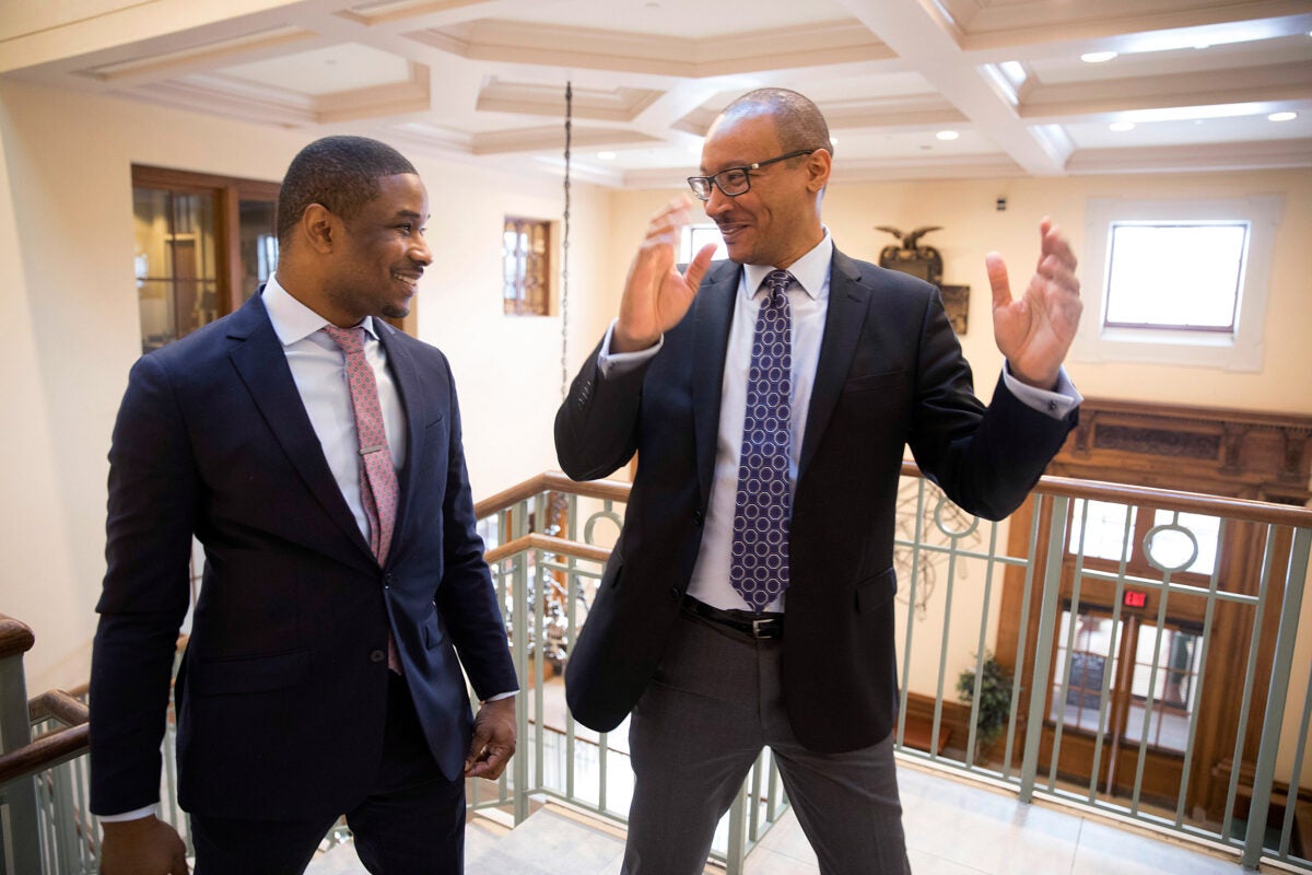 Professors Brandon Terry (left) and Tommie Shelby discuss a new book they co-edited on the legacy of Martin Luther King Jr.'s political thought. 