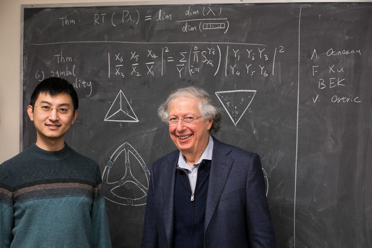 Zhengwei Liu (left) and Arthur Jaffe are leading a new project to expand quon, their pictorial math language developed to help understand quantum information theory, into new fields from algebra to M-theory.