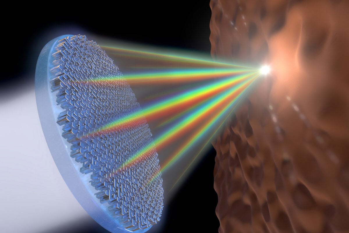 This flat metalens is the first single lens that can focus the entire visible spectrum of light — including white light — in the same spot and in high resolution. It uses arrays of titanium dioxide nanofins to equally focus wavelengths of light and eliminate chromatic aberration. 