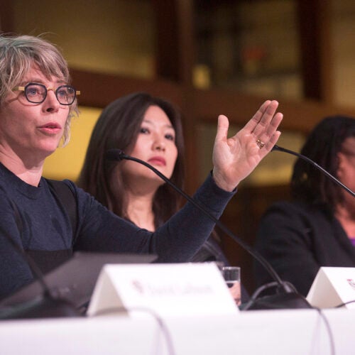 Jill Lepore (from left), Jeannie Suk Gersen, and Evelynn M. Hammonds take part in a panel discussion during a conference about the #MeToo movement at the Radcliffe Institute.