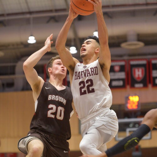 Crimson guard Christian Juzang '20 goes up for two of his career-high 21 points. Crimson beat Brown, 65-58.