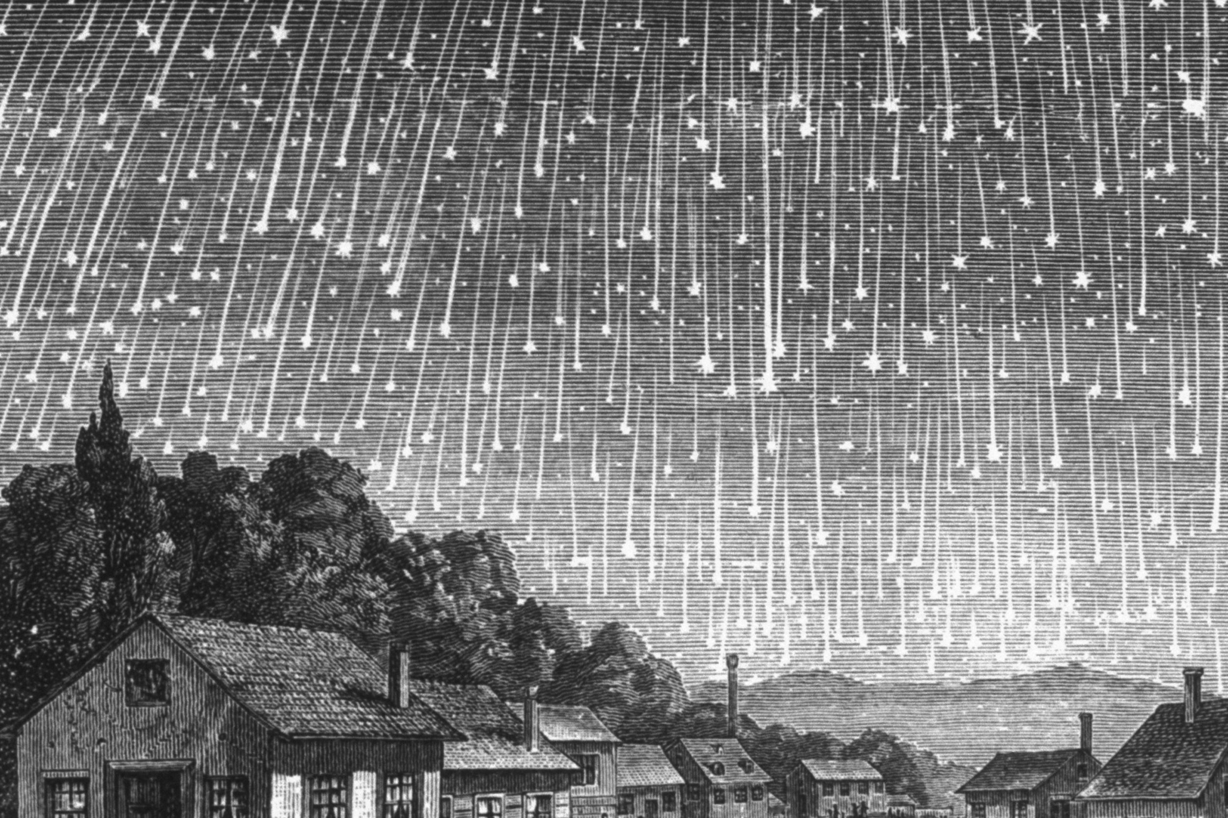 Drawing of Leonid meteor shower, 1833.