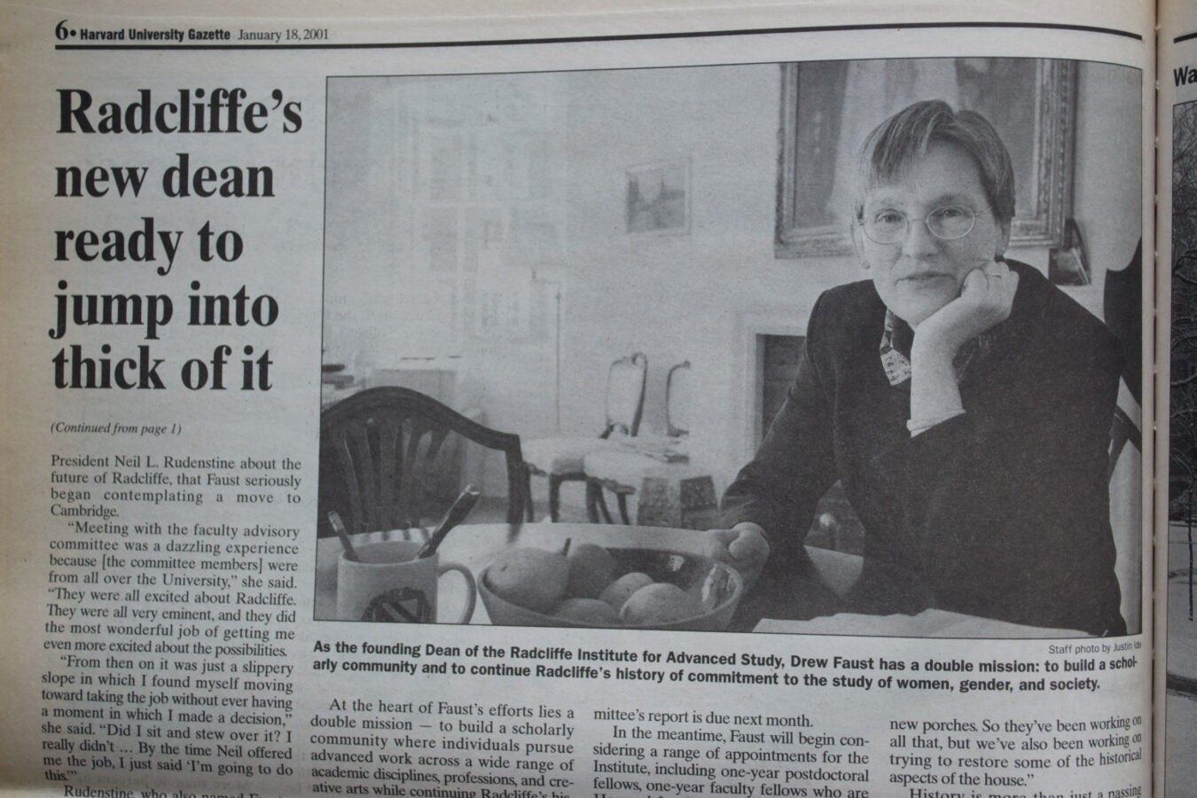 Gazette clipping of feature on Drew Fsust when she took reins at Radcliffe Institute.