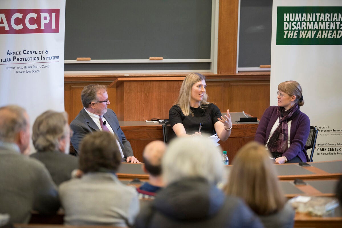 During "From Landmines to Nuclear Weapons," a panel featuring Steve Goose (from left) and Beatrice Fihn and moderated by Bonnie Docherty of the Law School addressed the origins and evolution of humanitarian disarmament while reflecting on their roles negotiating treaties that ban landmines, cluster munitions, and nuclear weapons. 