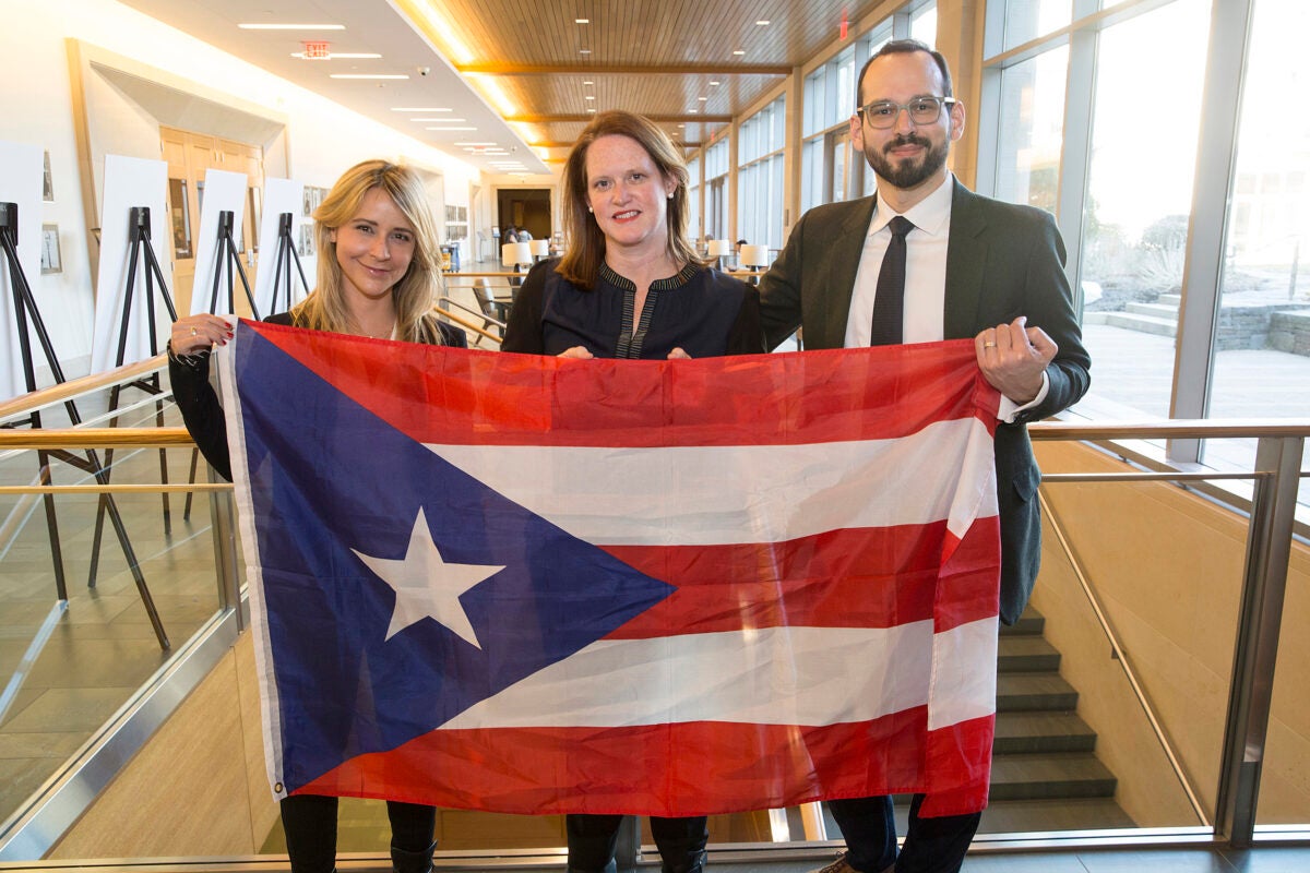 Natalie Trigo Reyes, J.D. '19 (from left), Lee Mestre, and Andrew Crespo '08, assistant professor of law, led a group of Law School students to Puerto Rico over spring break to offer legal aid to residents and help rebuild their homes and communities.