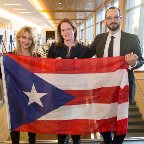 Natalie Trigo Reyes, J.D. '19 (from left), Lee Mestre, and Andrew Crespo '08, assistant professor of law, led a group of Law School students to Puerto Rico over spring break to offer legal aid to residents and help rebuild their homes and communities.