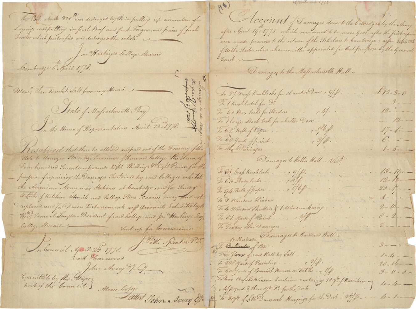 1778 letter accounting damages George Washington's army caused to Mass Hall.