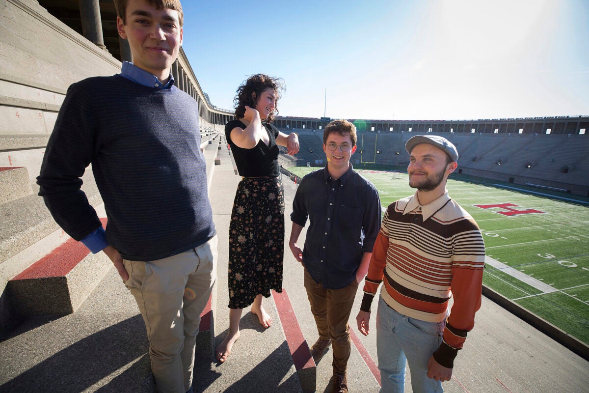 Mateo Lincoln '19 (from left), Chloe Brooks '19, Mitchell Polonsky '19, and Ben Roy '20 are coordinating the production of "Antigone" at Harvard Stadium, the final event in Harvard's annual Arts First festival.