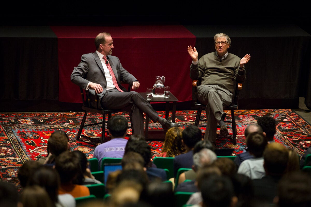 “I think, if anything, it’s a more interesting time to be lucky enough to be a student at Harvard," said Bill Gates (right), who dropped out of Harvard in 1975 to co-found Microsoft. Gates and SEAS Dean Frank Doyle shared the stage at the Science Center.
