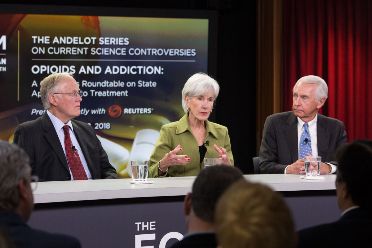 Former Governors Jim Douglas of Vermont, Kathleen Sebelius of Kansas, and Steven Beshear of Kentucky traded ideas for fighting the U.S. opioid epidemic during a Harvard forum. 