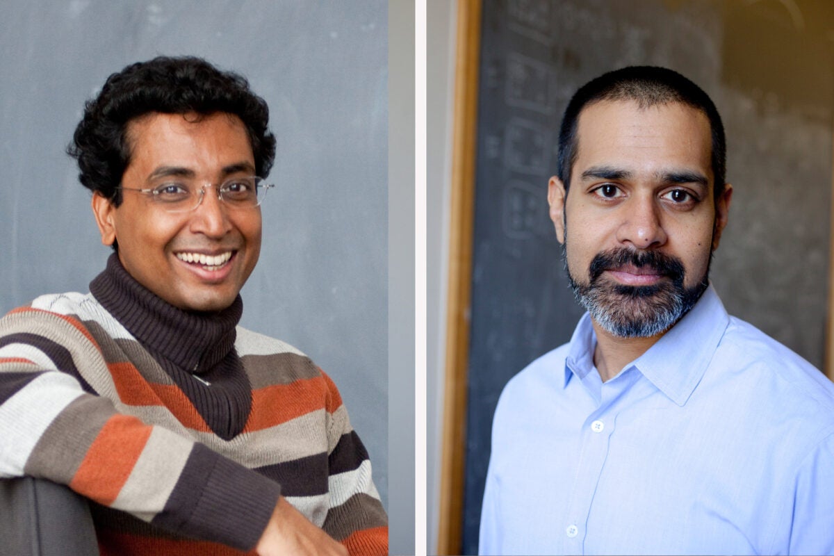 To increase scientific understanding of biological systems, Harvard is launching an interdisciplinary research effort called the Quantitative Biology Initiative to be headed by Sharad Ramanathan (left) and Vinothan Manoharan, with support from University President Drew Faust and Dean Michael D. Smith.