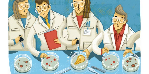 Illustration of Scientist standing out with successful science experiment.