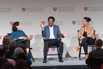 At a panel discussion at the Radcliffe Institute, Shira Springer (left), Pedro Martínez, and Rebekah Salwasser discuss the Boston Red Sox’s work off the field, including its efforts to support inner city children and to confront racism.