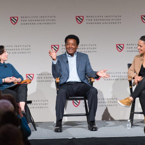 At a panel discussion at the Radcliffe Institute, Shira Springer (left), Pedro Martínez, and Rebekah Salwasser discuss the Boston Red Sox’s work off the field, including its efforts to support inner city children and to confront racism.