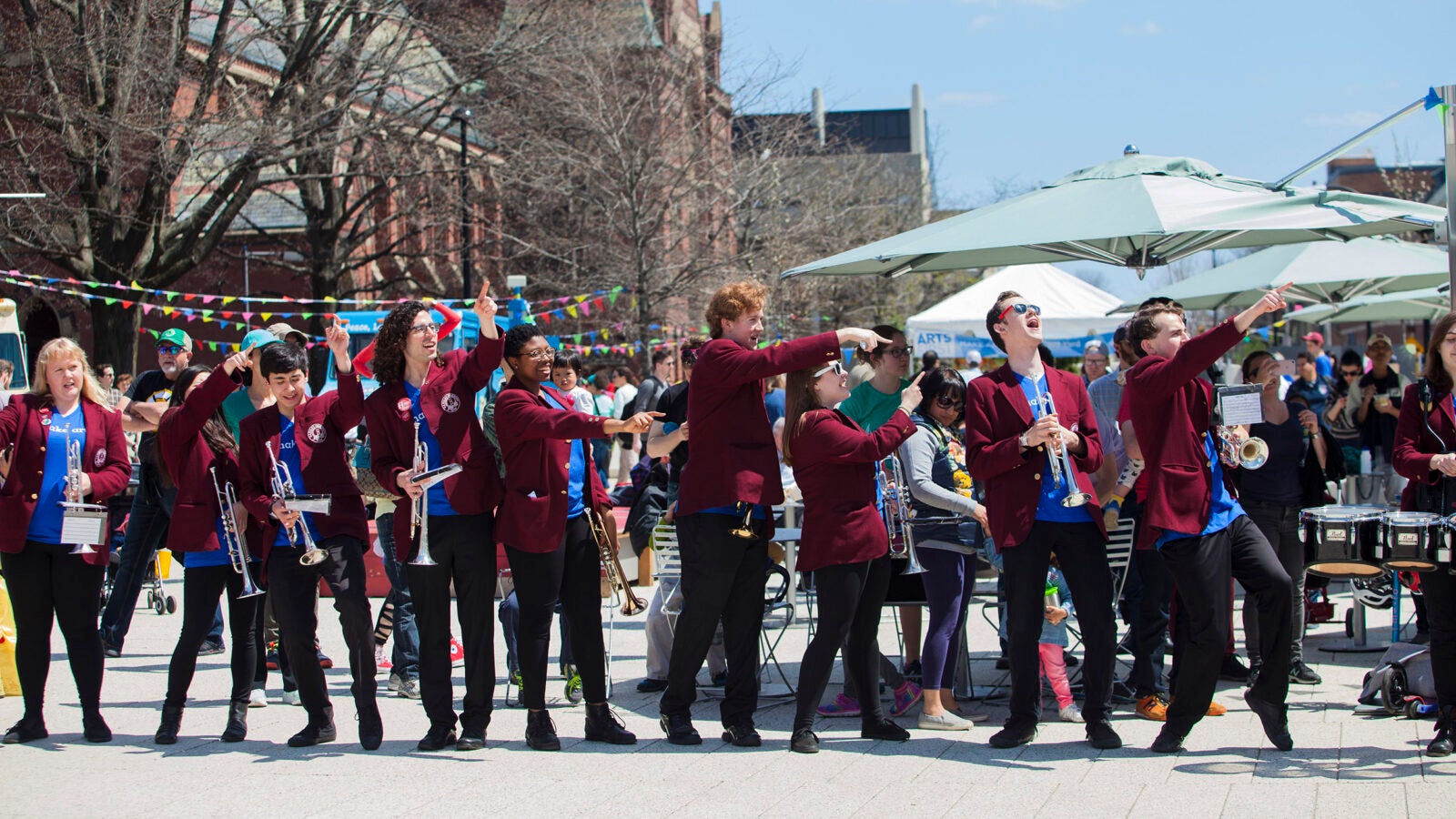 The Harvard University Band gathers on the Science Center Plaza for the opening concert.