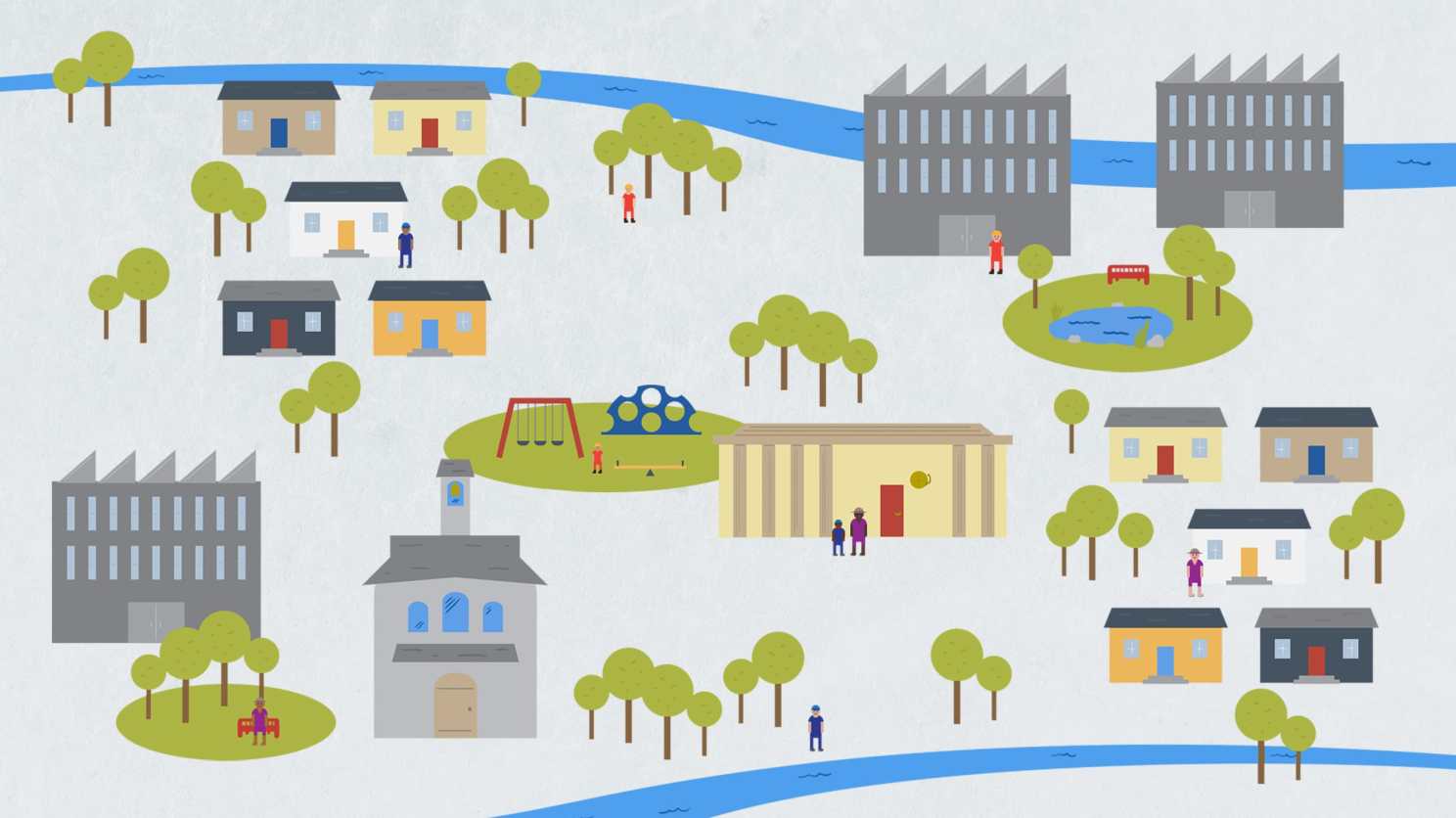 An illustration of a community with houses, business and parks.