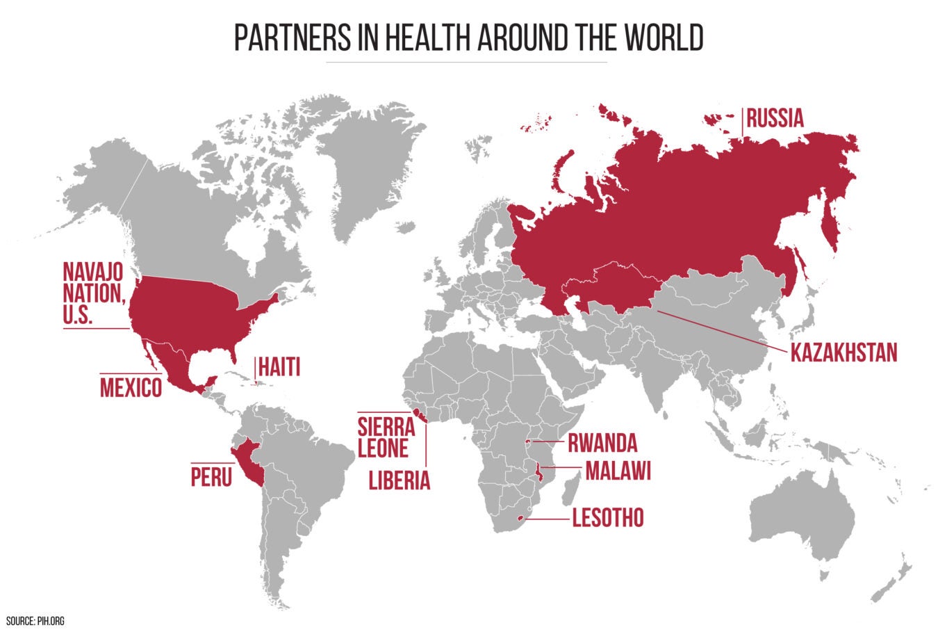 World map marking countries where Partners in Health has programs.
