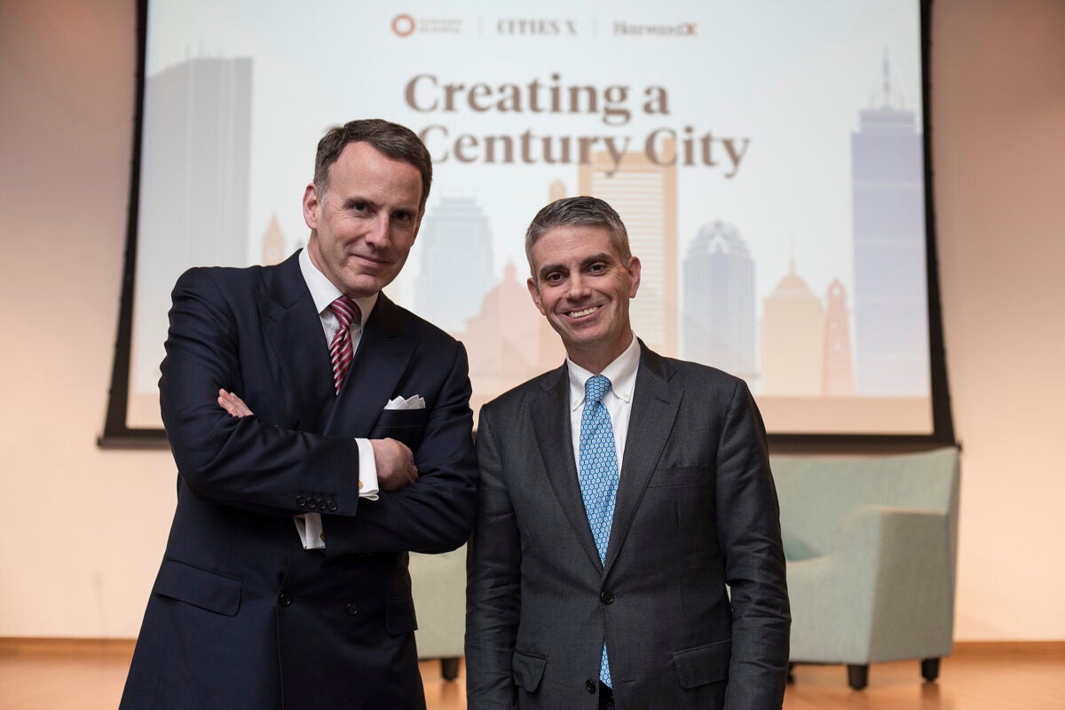 Professor Edward Glaeser (left) joined BPDA Director Brian Golden '87 at the Ed Portal for a discussion on the future of cities as humans increasingly become an urban species.