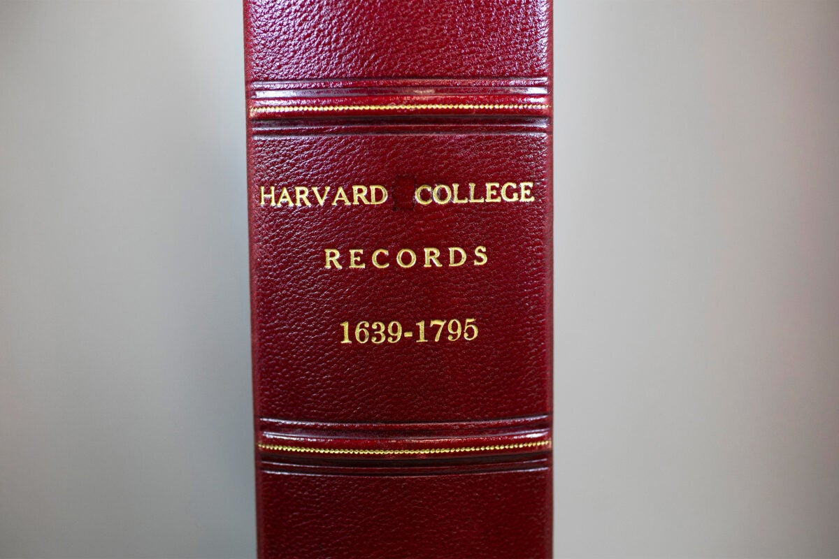 The University Archives in Pusey Library will display items presented to President Larry Bacow during his installation. The viewing is from 4:30 to 6 p.m. Friday and includes the oldest surviving record book, the College Book 1.