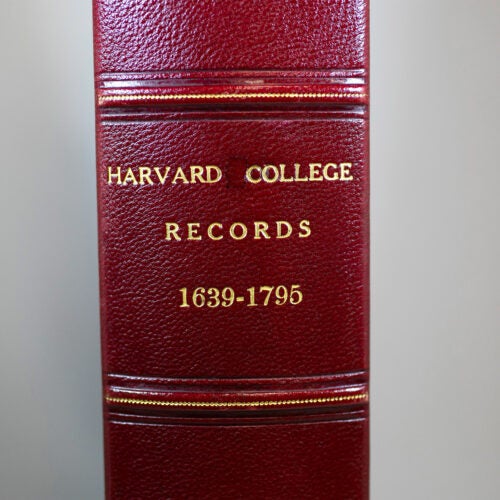 The University Archives in Pusey Library will display items presented to President Larry Bacow during his installation. The viewing is from 4:30 to 6 p.m. Friday and includes the oldest surviving record book, the College Book 1.