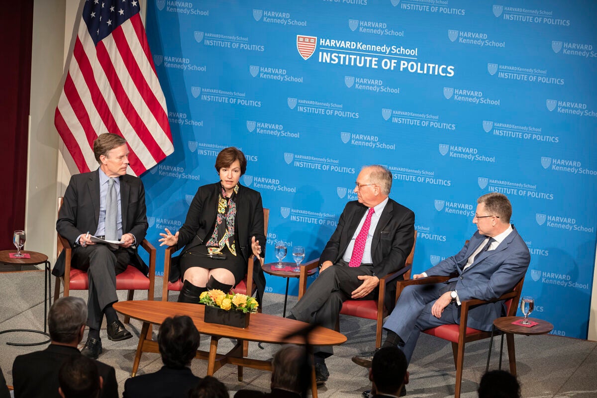 In a Kennedy School panel discussion, Nick Burns (from left), Susan Glasser, Wolfgang Ischinger, and Kurt Volker assessed the deeply strained relationship between the U.S. and Europe.