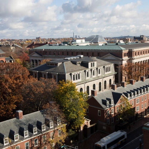 Overviews of Harvard Yard Memorial Church, Memorial Hall and Widener Library.