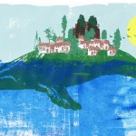 Houses and city skyscrapers on back of whale.