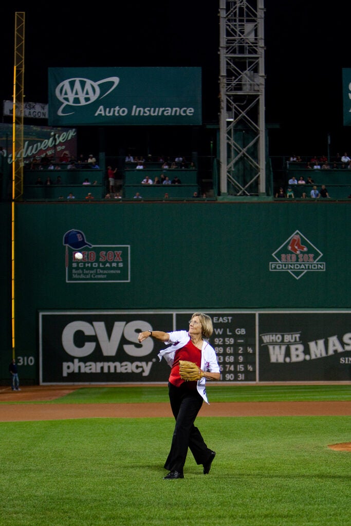 Harvard President Drew Faust throws first pitch at Fenway.