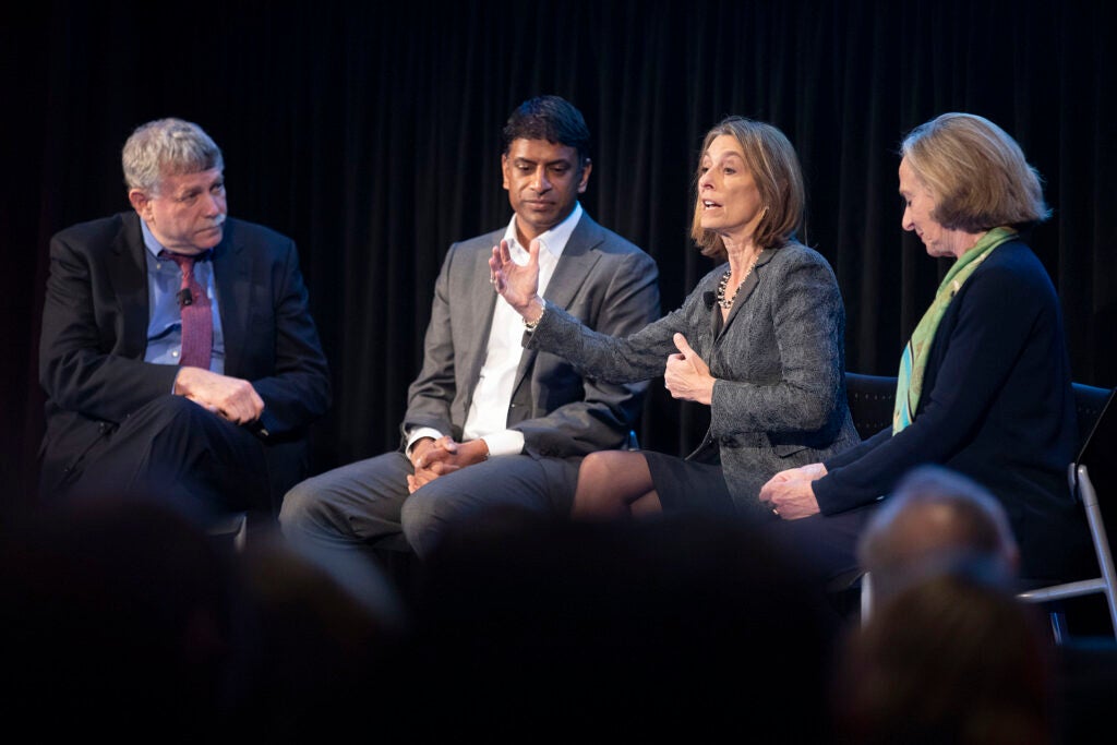 Eric Lander, (from left) President and Founding Director, Broad Institute, Vasant Narasimhan, Chief Executive Officer, Novartis, Laurie Glimcher, President and CEO, Dana-Farber Cancer Institute, Susan Hockfield, President Emerita and Professor of Neuroscience, MIT