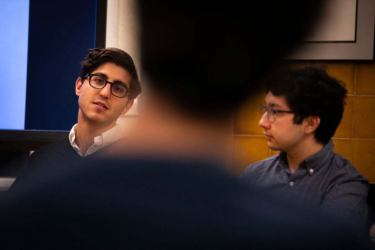 Music & Entertainment Pathways brought Harvard graduates back to campus to discuss ways to get into the industry. Ethan Karetsky (left), Harvard Business School '20, is in content acquisition at Hulu. Nick Hornedo ’19 was a summer intern on “The Late Show with Stephen Colbert.”