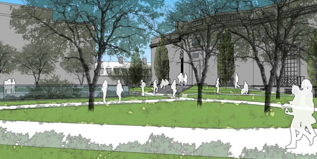 Rendering of Houghton Library renovation, exterior, view from Loeb House.