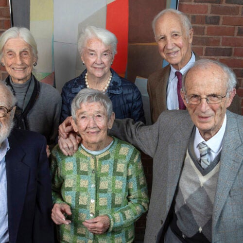 Six members of the Class of 1948 pose for a group photo. Front row (from left): Steven Stadler, Natalie Basso Ryan, Ray Goldberg. Back row: Sayre Phillips Sheldon, Eleanor “Buster” Foley Glimp, and Henry Lee. 