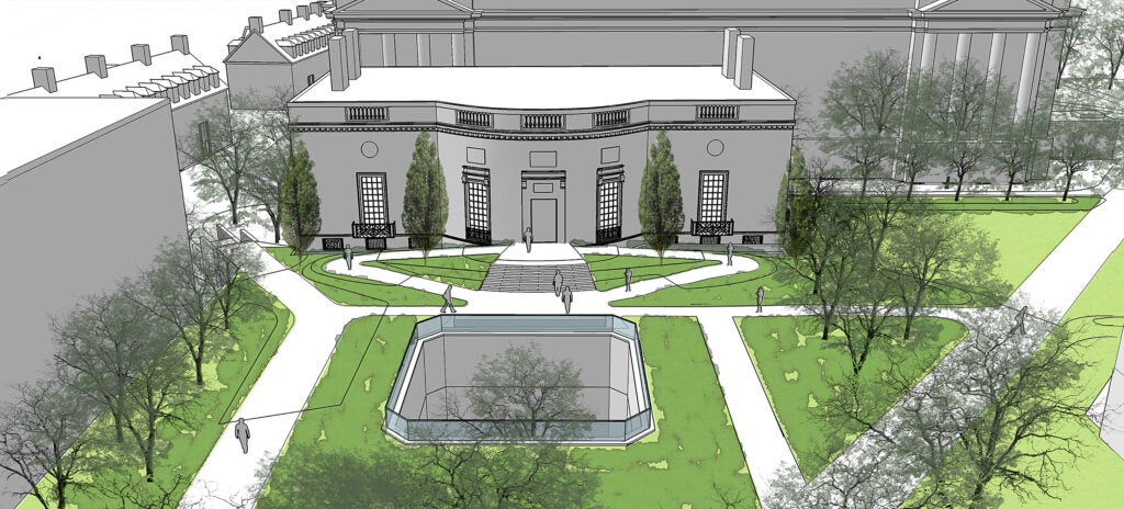 Rendering of Houghton Library renovation, exterior.