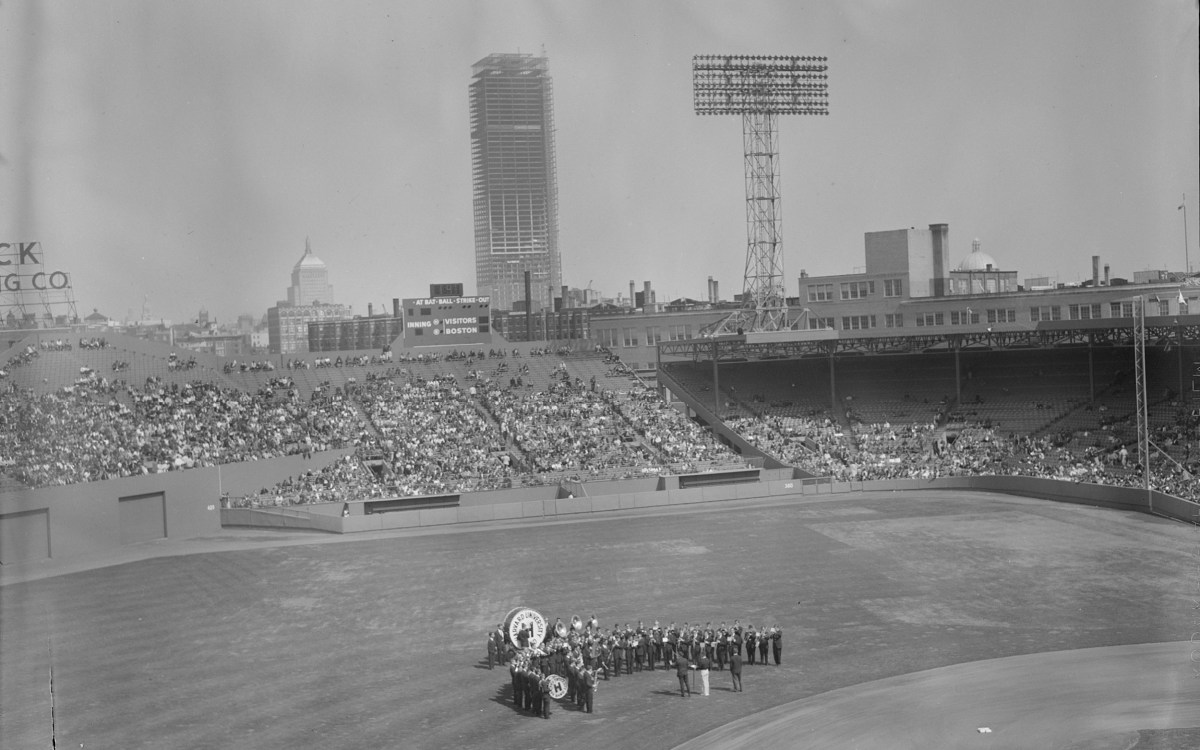 Harvard University band on the field at Fenway Park in 1963.