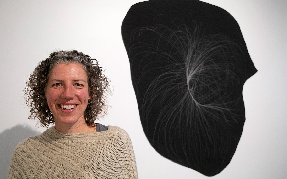 Artist Anna von Mertens with one of her quilts mapping stars.