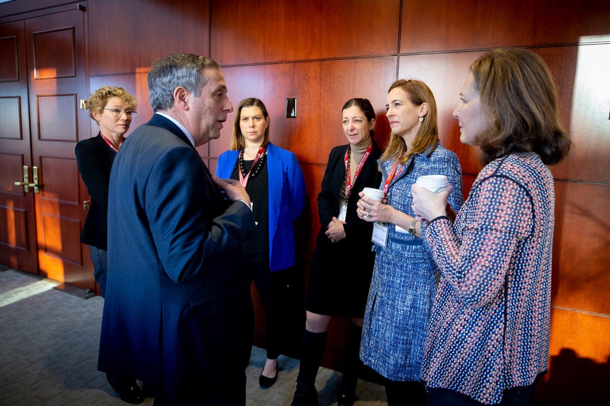 Larry Bacow speaks with Chrissy Houlahan, Elissa Slotkin, Elaine Luria, Mikie Sherrill, and Kim Schrier.
