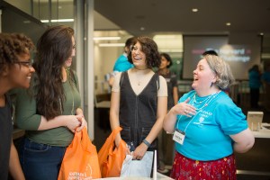 Students talking to librarian