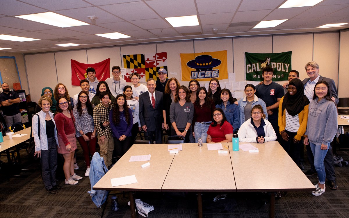 Group photo with Larry Bacow and Elisa New at at Health Science High and Middle College in San Diego.