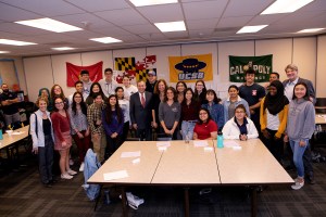 Group photo with Larry Bacow and Elisa New at at Health Science High and Middle College in San Diego.