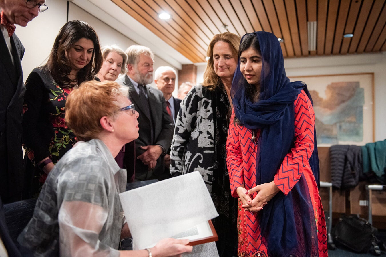 Malala Yousafzai meets with Harvard-Radcliffe alumni from the class of 1973.