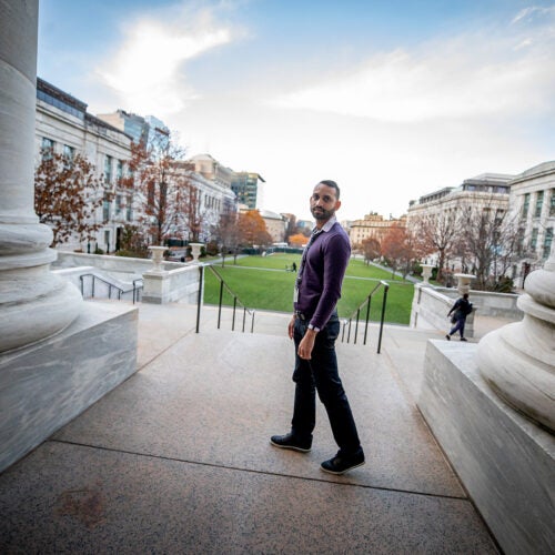 Calixto Saenz on the steps of Harvard Medical School
