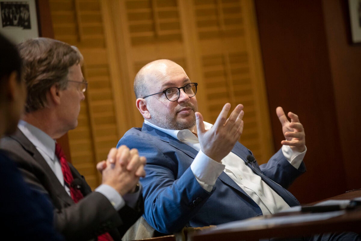 Washington Post reporter Jason Rezaian (right) recounts his 544 days in an Iranian prison during a talk with R. Nicholas Burns of the Harvard Kennedy School.