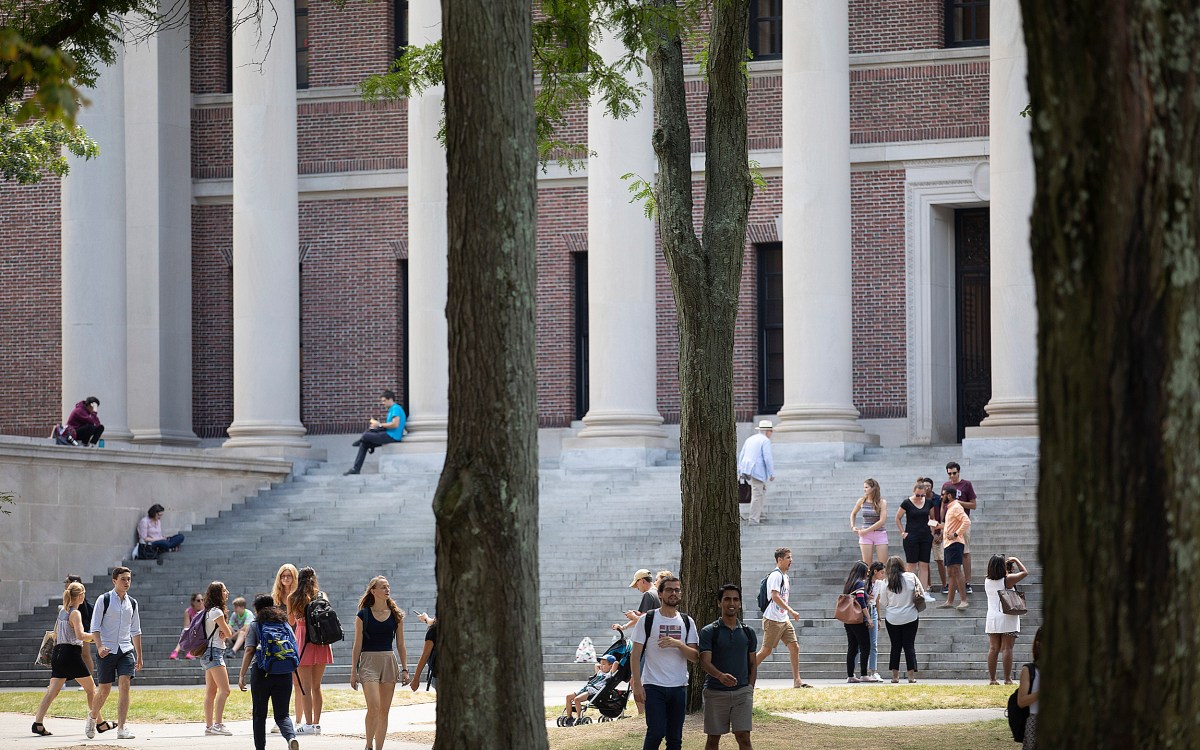 Students outside Widener Library.