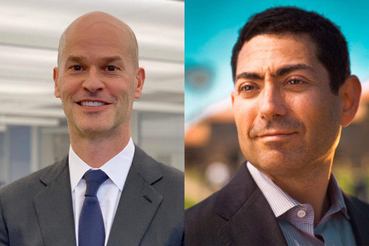 Timothy R. Barakett ’87, M.B.A. ’93 (left), and Mariano-Florentino (Tino) Cuéllar ’93 will assume their roles as the newest members of the Harvard Corporation on July 1.