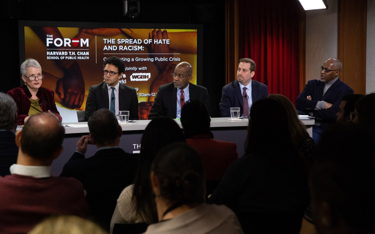 Maureen Costello, Director of Teaching Tolerance and Member of the Southern Poverty Law Center’s Senior Leadership Team; Dipayan Ghosh, Pozen Fellow, Harvard Kennedy School; David Williams, Chair of Social and Behavioral Sciences, Harvard T.H. Chan School of Public Health; Oren Segal, Director, Center on Extremism, Anti-Defamation League; moderator Philip Martin, Senior Investigative Reporter, WGBH News