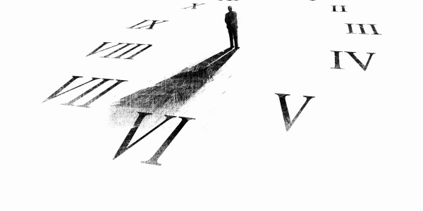 Illustration of man's shadow forming hands on a clock.