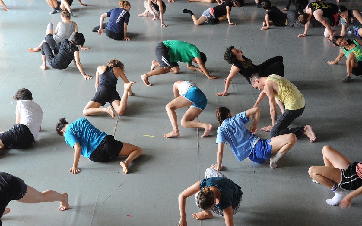 Dancers performing the Gaga dance technique at a class