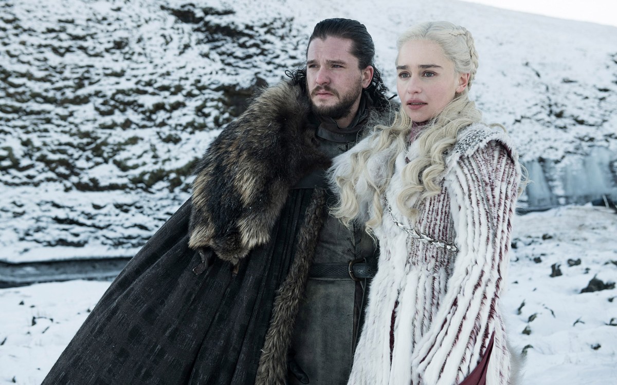 Kit Harington as Jon Snow and Emilia Clarke as Daenerys Targaryen.